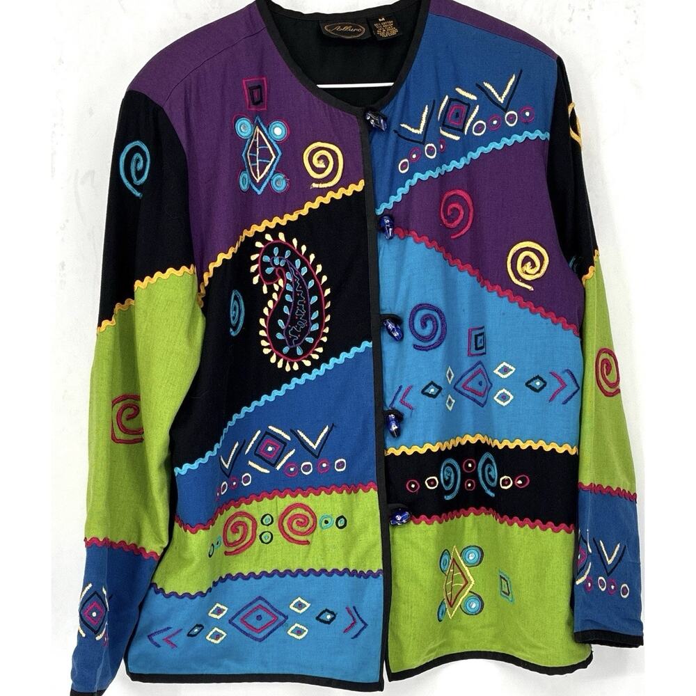 Vintage Allure Wearable Art Embroidered Jacket Colorblock Boho Lagenlook Med - Picture 2 of 11